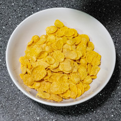 Dry cereal in morning. Cornflakes in white bowl on grey table preparing breakfast. Traditional meal.