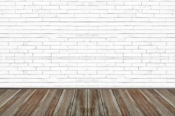 Empty living room with wooden floor and white painted brick wall background. For design interior.