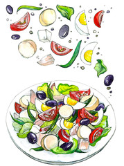 Watercolor illustration. Fresh salad with asparagus, cheese, eggs, tomatoes, potatoes and olives.