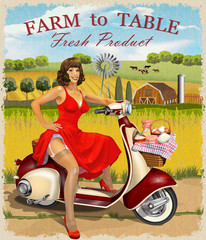 Old scooter with basket of dairy and pin-up girl.Vintage farm fresh poster.
