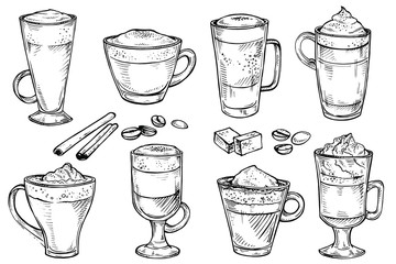 Sketch set of Coffee kind menu drinking cup. Vector hand drawing illustration isolated on white background. Espresso, cappuccino, glace, latte, irish, mocha, coffee dessert
