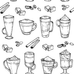 Sketch seamless pattern of Coffee kind drinking cup. Vector hand drawing illustration isolated on white background. Espresso, cappuccino, glace, latte, irish, mocha, coffee dessert