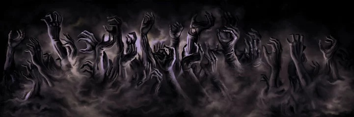 Fotobehang Zombie hands banner/ Illustration horror zombie hands in a mist. Digital painting © mikesilent