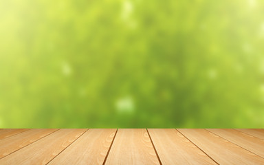 Wood table on green blur background. 3d render