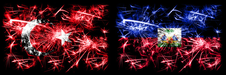 Turkey, Turkish vs Haiti, Haitian New Year celebration sparkling fireworks flags concept background. Combination of two abstract states flags.