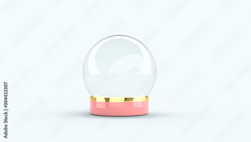Aufkleber 3d rendering. empty snow globe with pastel orange color and gold materials on white isolated backgro