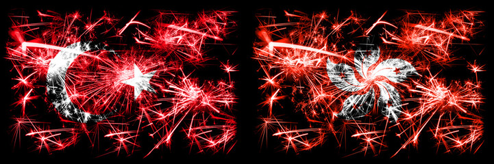 Turkey, Turkish vs Hong Kong, China New Year celebration sparkling fireworks flags concept background. Combination of two abstract states flags.