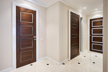 The door is made of walnut wood in a classic style with white architraves in the hallway - obrazy, fototapety, plakaty