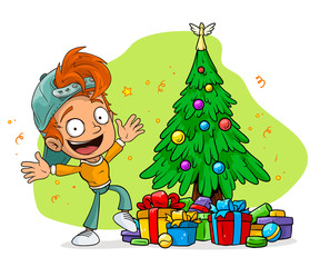 Cartoon cute funny happy redhead little boy with fir-tree and gifts boxes. Layered vector for animations. Isolated on white background. New Year and Christmas vector icon.