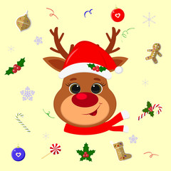 Happy New Year and Merry Christmas. Cute head reindeer in santa hat and scarf. Backdrop with christmas elements lollipop, gingerbread cookie, snowflake, confetti. Cartoon, flat style, vector