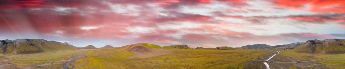 Amazing landscape of Landmannalaugar magnificent highlands in summer season, aerial view from drone, Iceland