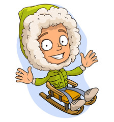 Cartoon cute funny happy smiling little boy riding on wooden sled. Layered vector for animations. Isolated on white background. New Year and Christmas vector icon.