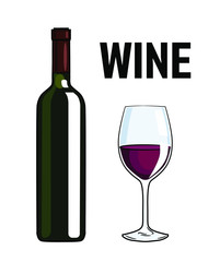 set of the wine bottle and wine glass hand drawn cartoon style