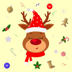 Fototapeta premium Happy New Year and Merry Christmas. Cute head reindeer in santa hat and scarf. Backdrop with christmas elements lollipop, gingerbread cookie, snowflake, confetti. Cartoon, flat style, vector