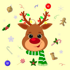 Happy New Year and Merry Christmas. Cute deer head, on the horns of a garland. Background with christmas elements lollipop, gingerbread cookies, snowflakes, confetti. Cartoon, flat style, vector