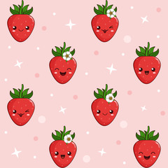 Cute kawaii cartoon berries of strawberry with the different facial expressions