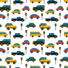 Pattern with stylized child's drawing of vehicles
