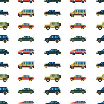 seamless background of cartoon cars in flat style, side view