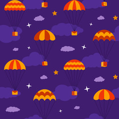 Red and yellow parachutes in flat style with boxes, mails, envelopes and gifts fly in the night sky