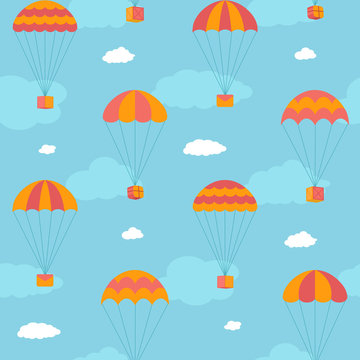 Cartoon colorful parachutes with boxes, mails, envelopes and gifts fly in the sky