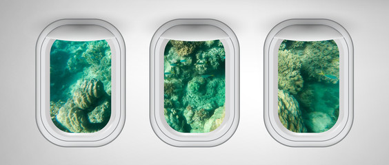 Beautiful scenic view of Underwater landscape through the aircraft windows