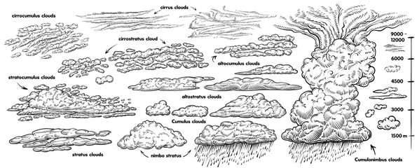 Set of hand drawn clouds, vector black line sketch. Weather vintage illustrations with different types of clouds. - obrazy, fototapety, plakaty