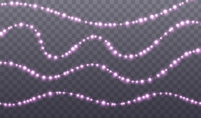 Christmas garland isolated on transparent background. Glowing pink light bulbs with sparkles. Xmas, New Year, wedding or Birthday decor. Party event decoration. Winter holiday season element.