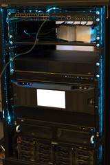 Rack Mounted Servers In A Server Room, close up