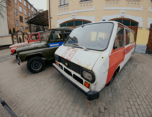 Old broken and rusty USSR times UAZ and LATVIA Cars in summer Kiev