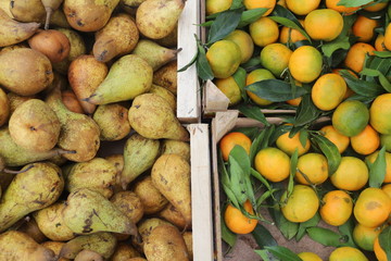closeup of pears and madarins  on display at the market