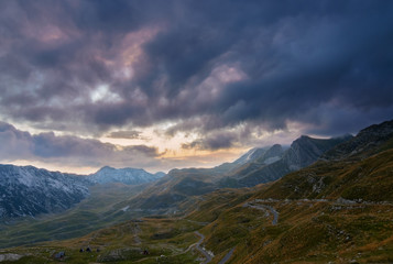 Summer sunset mountaine landscape with cloudy sky. Mountain scenery, National park Durmitor, Zabljak, Montenegro.