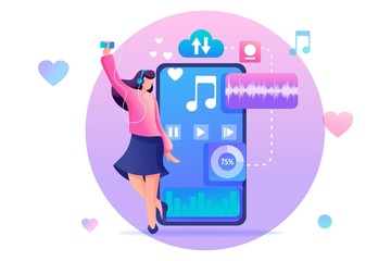 Young teen girl listening to your favorite music on your phone through the mobile app. Flat 2D character. Concept for web design