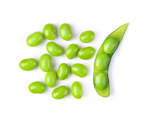 Green soy beans  on white background top view.