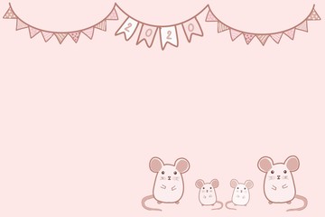 Drawing picture of a family of four rats on a pink background with celebration flag and text 2020.