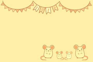 Obraz premium Drawing picture of a family of four rats on a yellow background with celebration flag and text 2020.