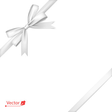 White, silver isolated ribbon with bow tied to corner with a knot. Gift. Vector illustration.