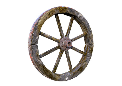 Handmade rustic vintage wooden wheel used in medieval wagons and carriages, isolated white background