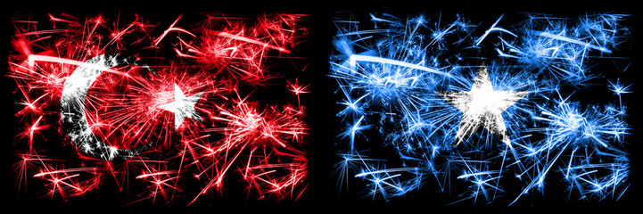 Turkey, Turkish vs Somalia, Somalian New Year celebration sparkling fireworks flags concept background. Combination of two abstract states flags.