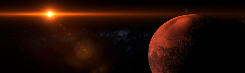 Sunrise over the planet mars in space with strong flare and shadows panoramic