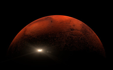 Small satellite travelling across the surface of Mars with strong shadows on the surface