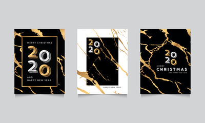 happy new year 2020 cover template with gold marble texture background vector