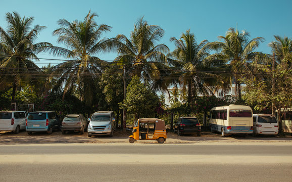 Tuk-Tuk Taxi, Old broken and rusty Car in summer Asia