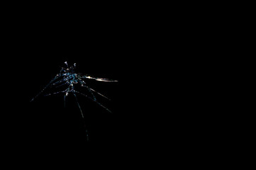 crack on the glass mirror in the form of abstraction on a black background