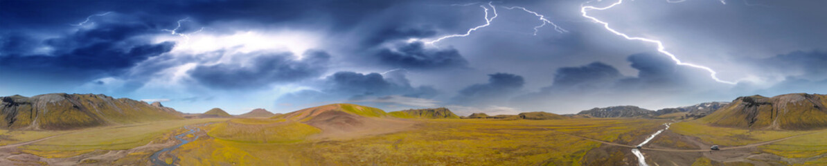 Amazing landscape of Landmannalaugar magnificent highlands during a storm in summer season, aerial view from drone, Iceland