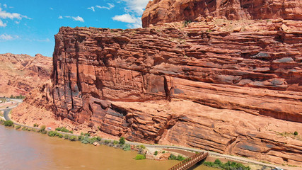 Colorado River near Moab, Utah. Arches National Park gateway, aerial view from drone at sunset