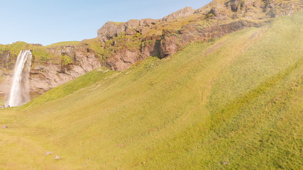 Aerial view of Seljalandfoss waterfalls in Iceland, Europe