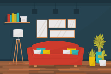Modern living room interior with cozy sofa, pictures on the wall, house plants, floor lamp and bookshelf. Modern apartment. Flat vector design.