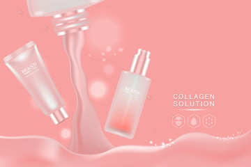 Beauty product ad design, pink cosmetic containers with collagen solution advertising background ready to use, luxury skin care banner, illustration vector.	