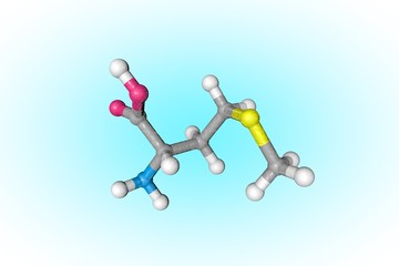 Molecular model of methionine. Atoms are represented as spheres with conventional color coding: carbon (grey), oxygen (red), nitrogen (light blue), hydrogen (white), sulfur (yellow). 3d illustration