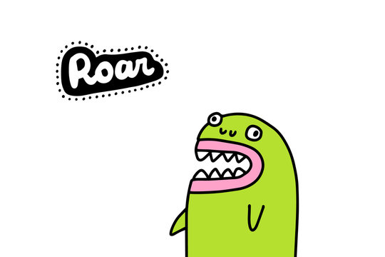 Roar Hand Drawn Vector Illustration In Cartoon Comic Style Strange Monster Green With Open Mouth